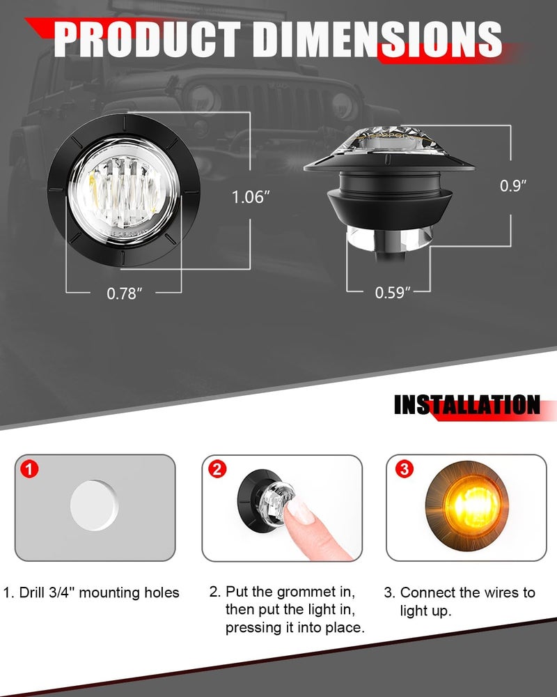 BJZ 3/4" Round Trailer Marker LED Lights Amber to Purple Dual Color Side Clearance Tail Bullet Light 12V 4LED Indicator Light w/Clear Lens for Trailer Truck Van RV ATV Bus, 10Pcs - Image 5